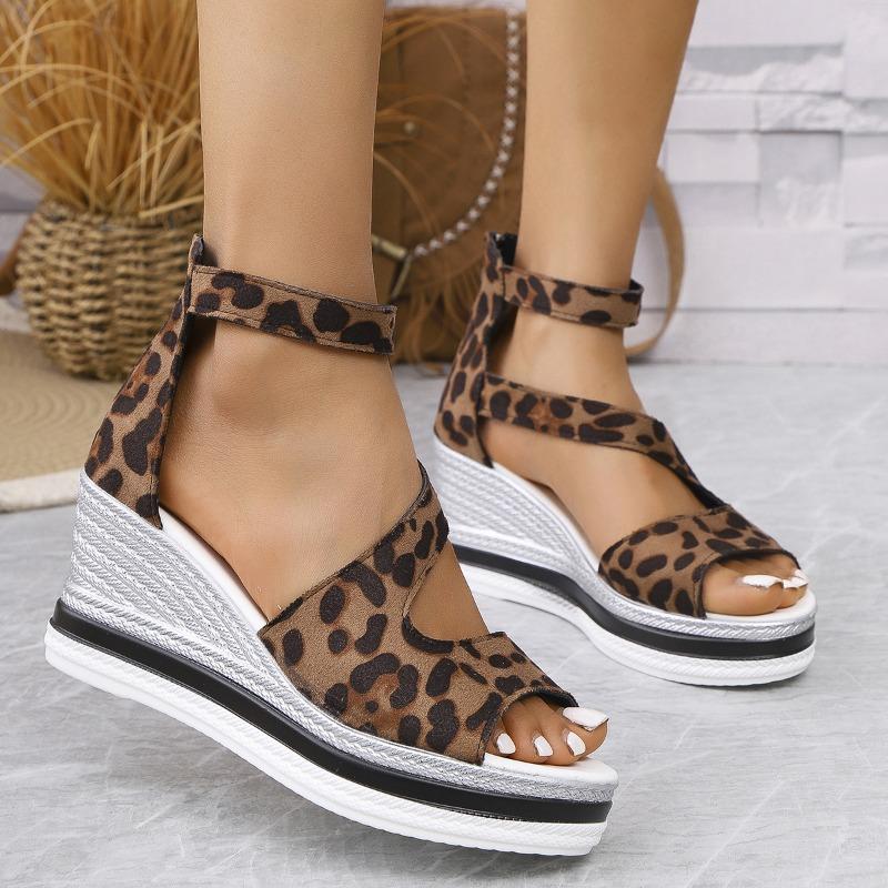 Women's Comfortable High Heel Summer Sandals - Leopard Print, Open Toe, Side Cut-Out Design with Ankle Strap & Zipper Closure, Brown & White Strappy