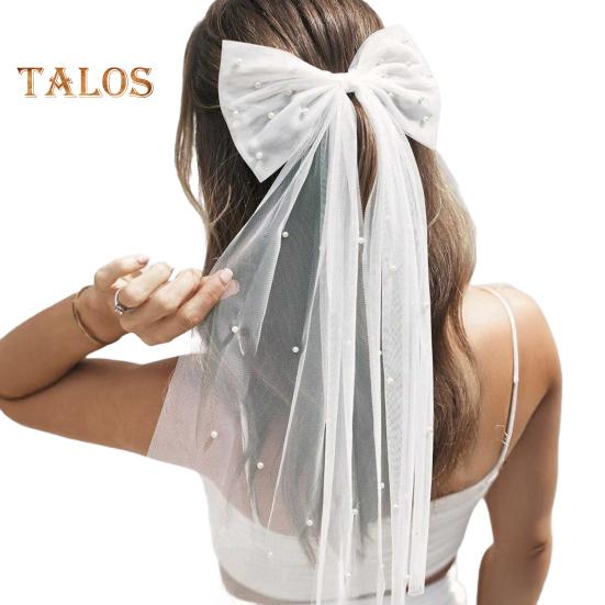 

Заколка для волос невесты с бантом, фата из искусственного жемчуга, свадебный головной убор из белого тюля, свадебный аксессуар для волос на медовый месяц белый