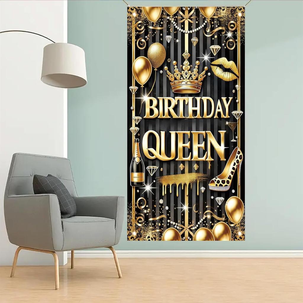 Black Gold Birthday Queen Door Cover Banner 71 X 35 Inch Happy Birthday Backdrop Photography Background Decoration for Women Girls Birthday Party