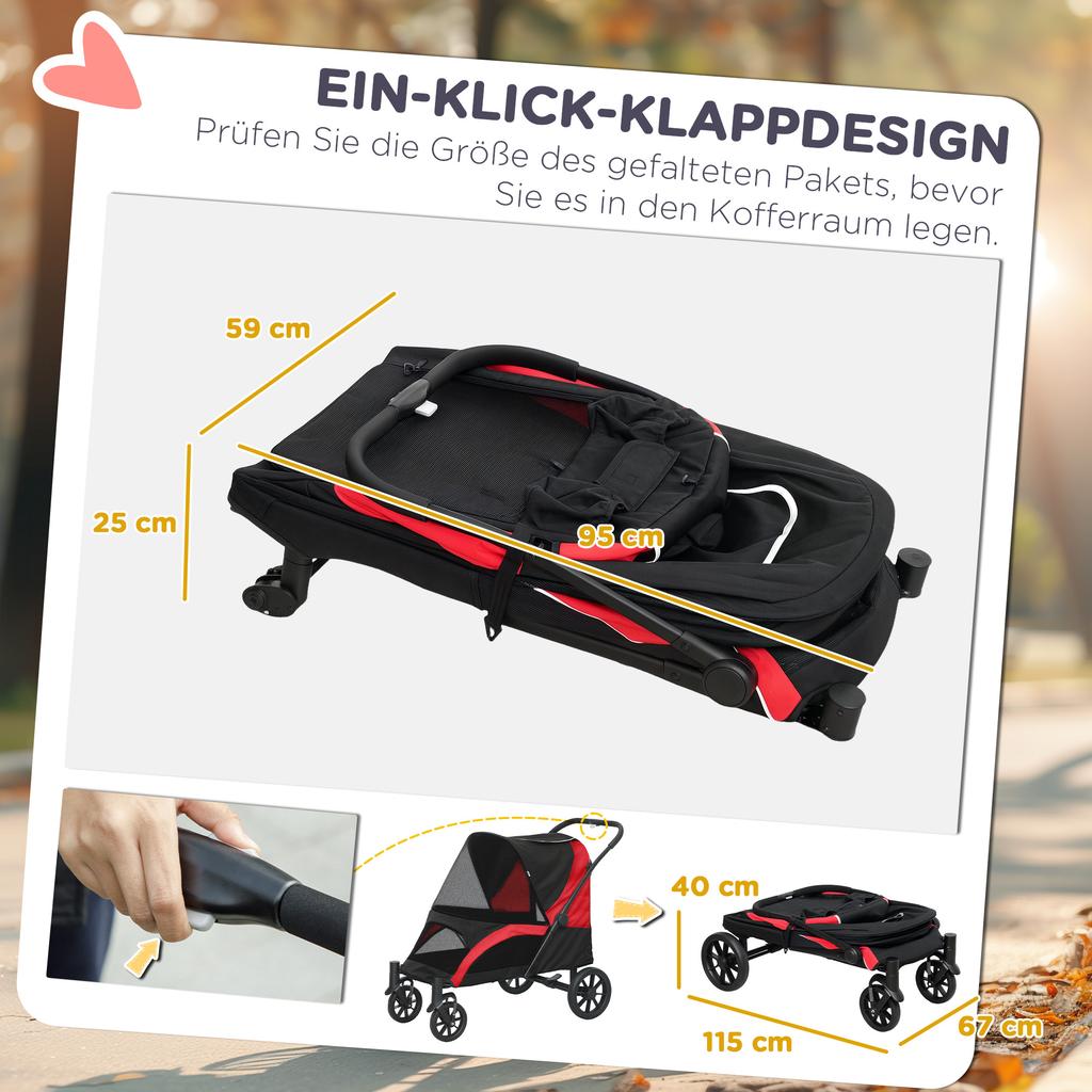Faltbarer Haustierkinderwagen für mittelgroße Hunde mit vier großen Rädern, stoßdämpfendem Rahmen, Sicherheitsleinen, Bremsen, Rot/Schwarz