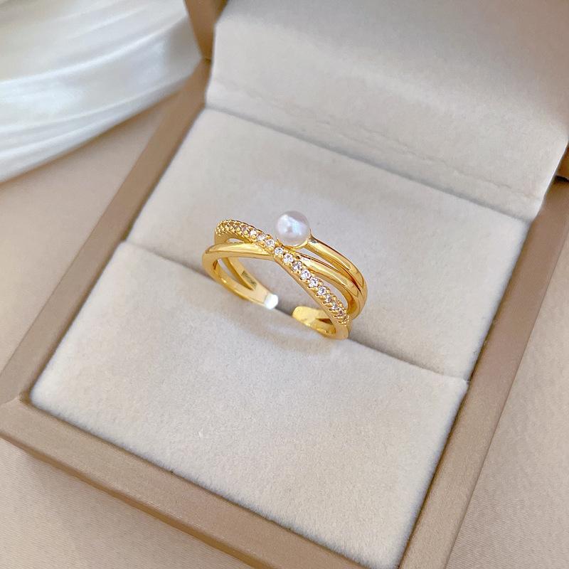 18k Gold Plated Trendy Imitation Pearl Zircon Cross Rings for Women Girls Adjustable Open Copper Ring Jewelry Accessories Gifts