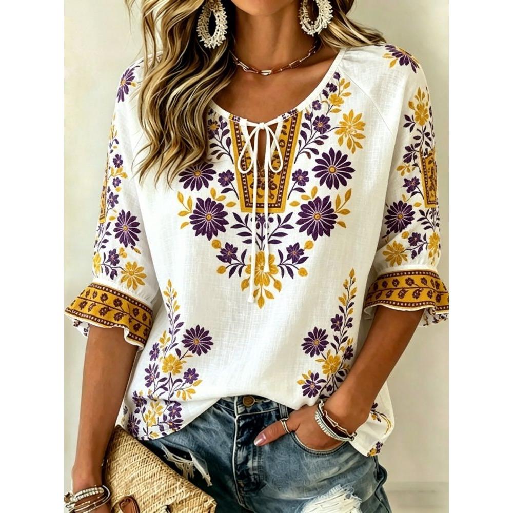 Women's White Boho Floral Print Tie Neck Blouse, Casual Loose Tops for Spring Summer Daily Wear & Vacation Occasions