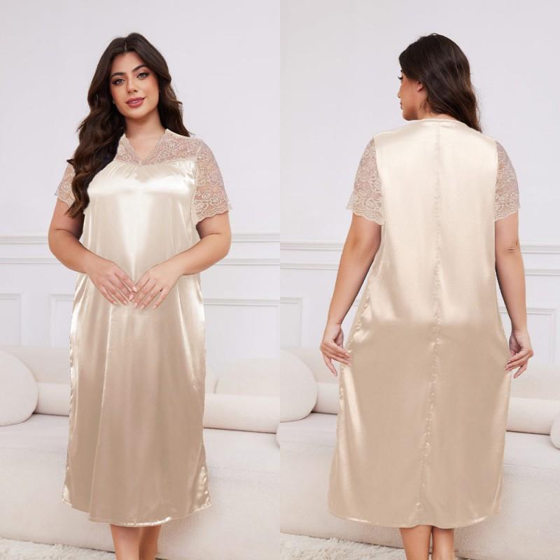 Plus Size Womens Lightweight Satin Sleep Dress With V-Neck Short Sleeve Loose Nightgown Home Wear