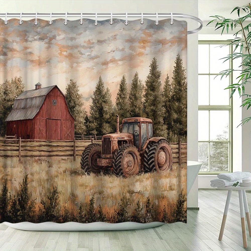 Farmhouse Shower Curtain - Rustic Tractor & Red Barn Forest Scene, Realistic Art, Polyester Fabric