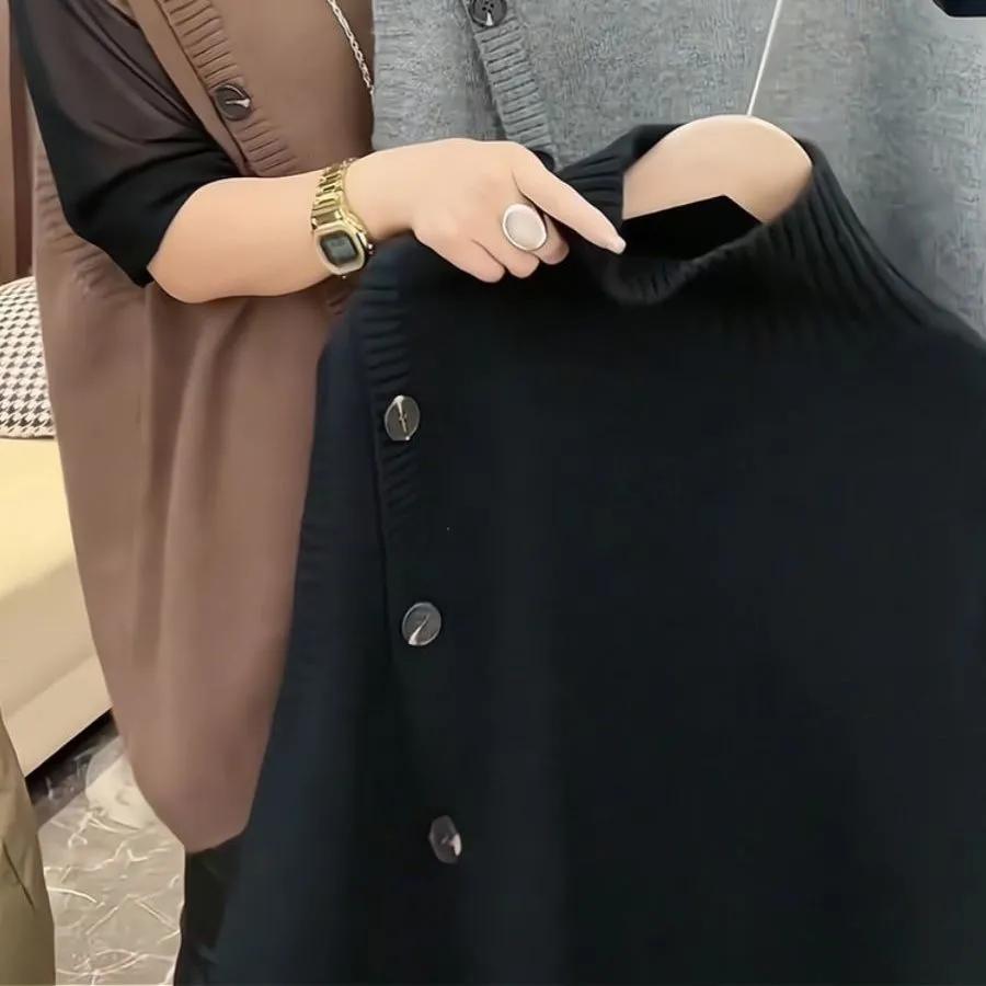 

Женские длинные жилеты без рукавов, винтажные, с нерегулярной вставкой на пуговицах, трикотажная верхняя одежда, пуловеры, элегантные жилеты с высоким воротником, свободного кроя 3XL чёрный