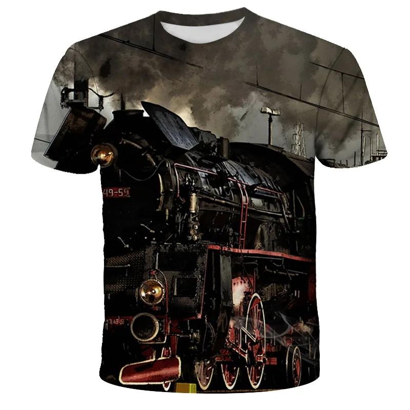 Fashion Trends Summer New Retro Train Engine Pattern Printed Men's T-shirt Street Fashion Cool Round Neck Plus Size Top