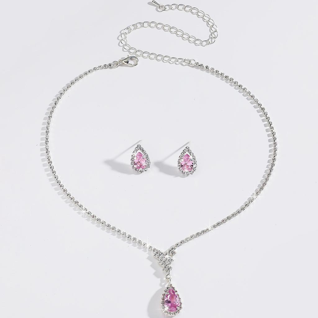 Premium Simple Water Drop Earrings Necklace Set Women's Shiny Stud Earrings Bridal Banquet Collarbone Chain Jewelry