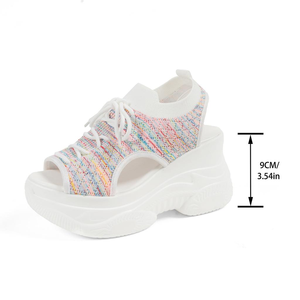 Fashion Summer New Knitting Woven Lace-up Women's Sports Sandals Fashion Breathable Open Toe Wedge Heel Thick Sole Beach Casual Sandals