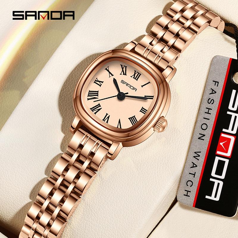 SANDA Women Quartz Watch Fashion Elegant Rose Gold Simple Roman Analog Display Stainless Steel Strap Wristwatch for Ladies