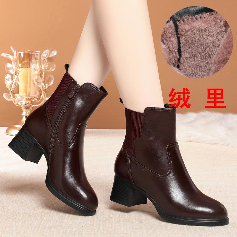 High-heeled Small Short Boots Women's Velvet Leather Shoes Soft Leather Thick-heeled Mother Cotton Shoes Versatile Catwalk Boots