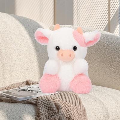 Rosa Kuh Plüschpuppe Sitzend 3D Augen Stickerei Flauschig Weich Kinder Geburtstagsgeschenke PP Baumwolle Niedlich Stofftier Milchvieh Tier Spielzeug Wohnzimmer Zubehör