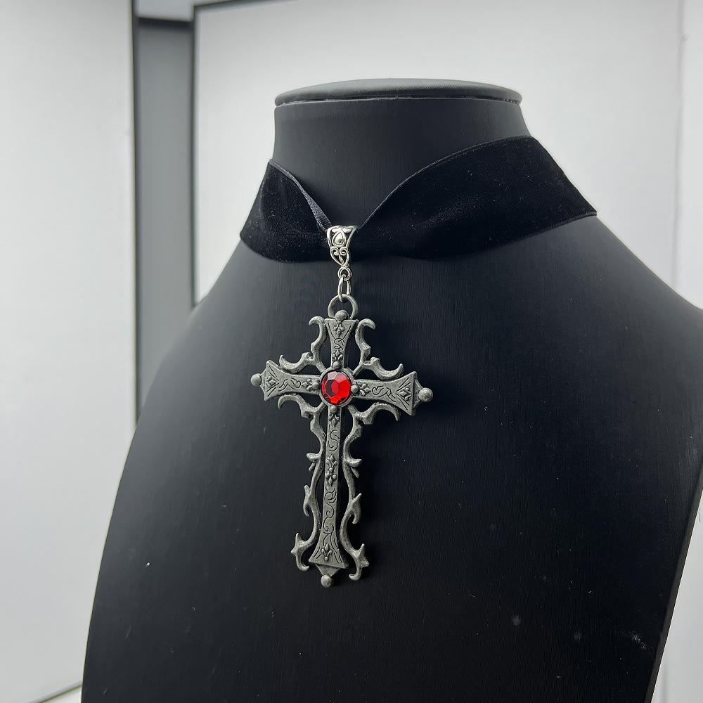 Gothic Velvet Choker with Retro Cross Pendant