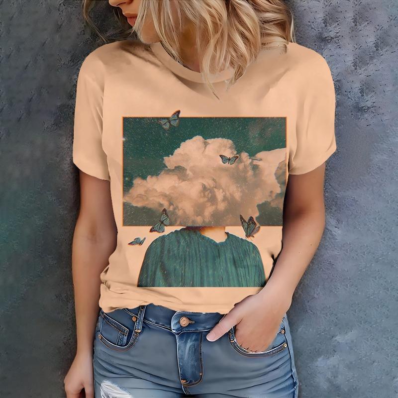 

Women s Beige Butterfly And Cloud Design T-shirt - Summer Casual Style Round Neck Short Sleeve S