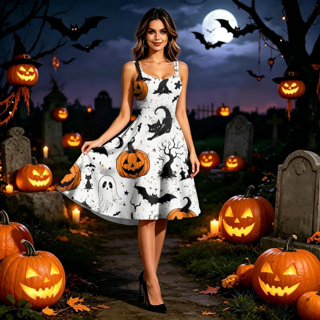 Women's Halloween Print Off-Shoulder Strap Dress for Costume Party