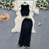 Letní dámský designový černý pletený svetr dvoudílný set krátký top tílko a dlouhá maxi pouzdrová sukně oblek