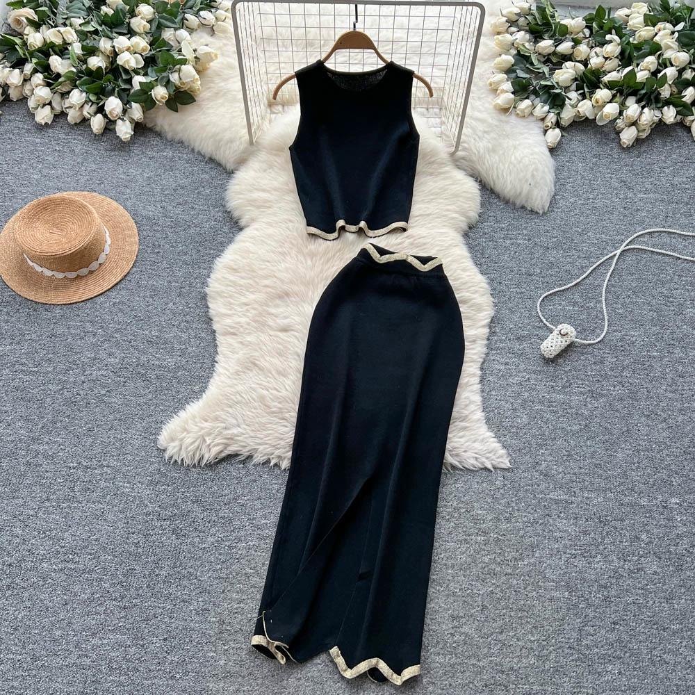 Letní dámský designový černý pletený svetr dvoudílný set krátký top tílko a dlouhá maxi pouzdrová sukně oblek