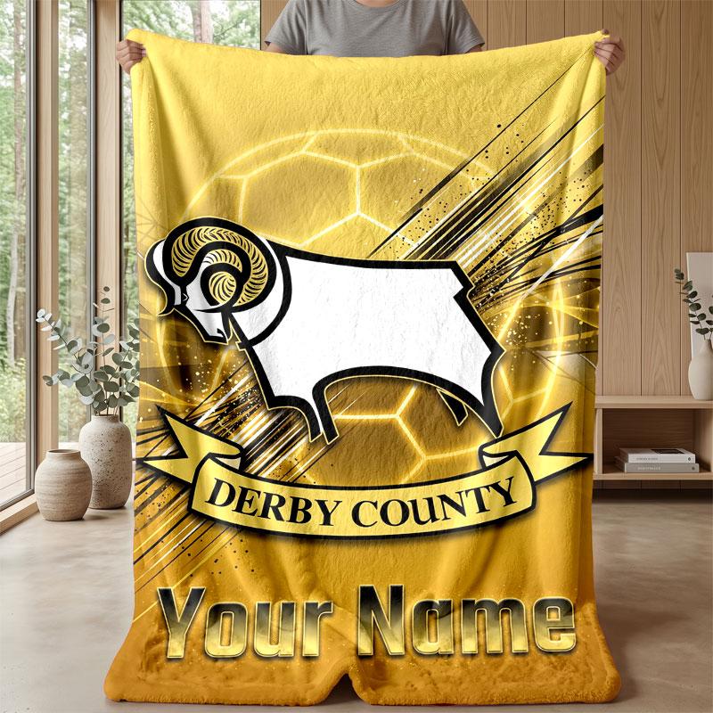 Derby County Benutzerdefinierter Name Text Flanelldecke Fußball Logo Personalisierte Fleece-Kuscheldecke Besonderes Geschenk für Sofa Schlafzimmer Zuhause