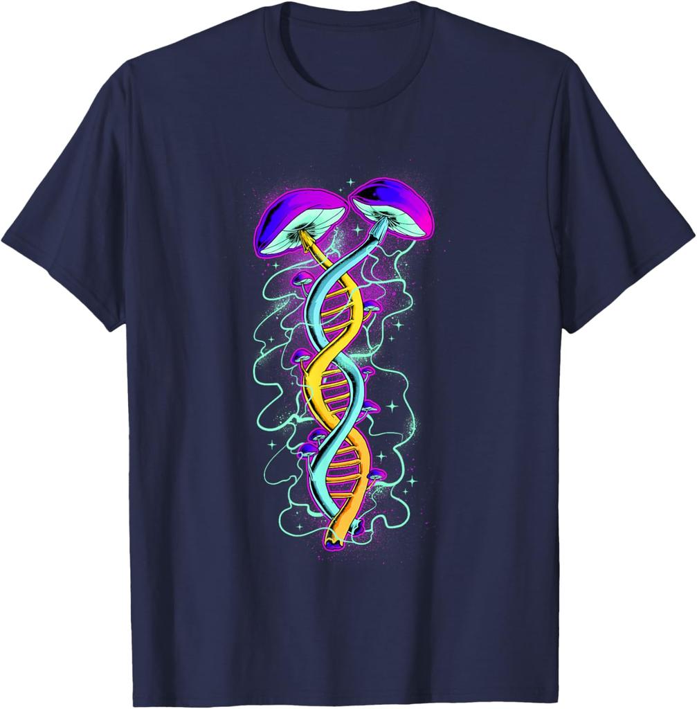 Psychedelic Mushroom DNA Double Helix Graphic Tee Men Casual Trip Breathable T-Shirt
