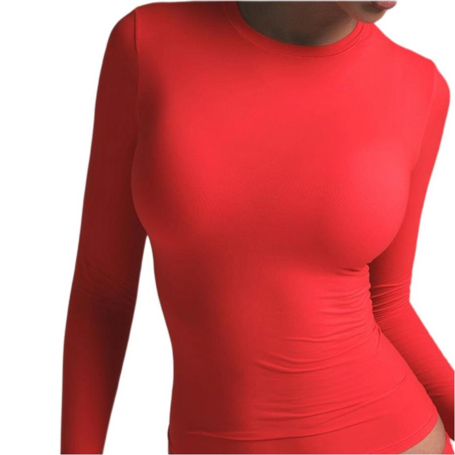SKIMS Solid Color Fitted Long Sleeve T-Shirt Women tops Red TPLST9049CHY