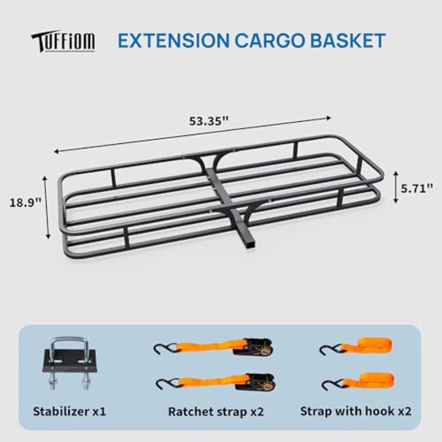54''X 19''X5.5'' Hitch Mount Cargo Carrier Basket with Stabilizer and Straps 500 LBS Capacity Rear Luggage Rack Basket Fits Sed