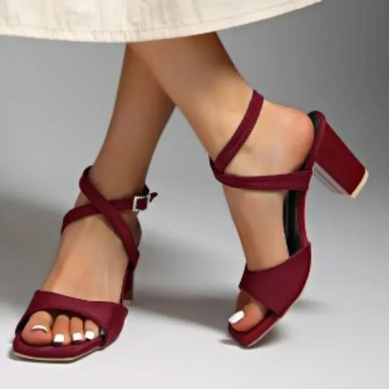 Fashion Elegant Woman Heeled Shoes 2025 Ankle Buckle Strap Women's Sandals Fashion Dress Sandals Women Square Toe Plus Size Chunky Heels