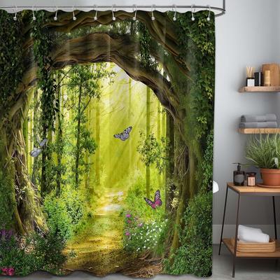 Magic Forest Shower Curtain Bathroom Green Trees Natural Spring and Summer Landscape Waterproof Shower Curtain with Hook