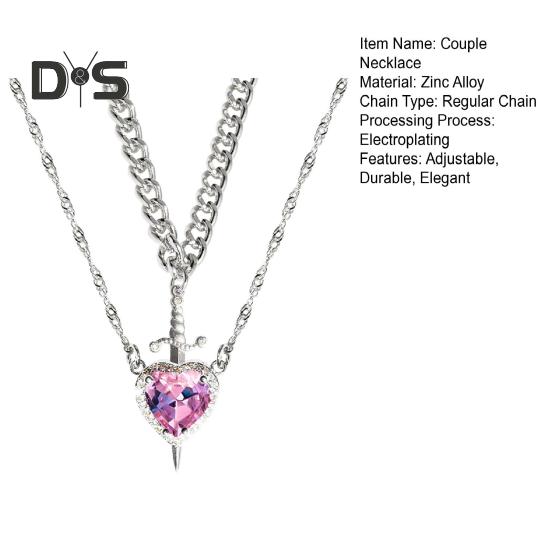 Couple Necklace Cubic Zirconia Heart Matching Necklace Romantic Through The Heart Couple Jewelry for Him Her Valentine's Day Gift