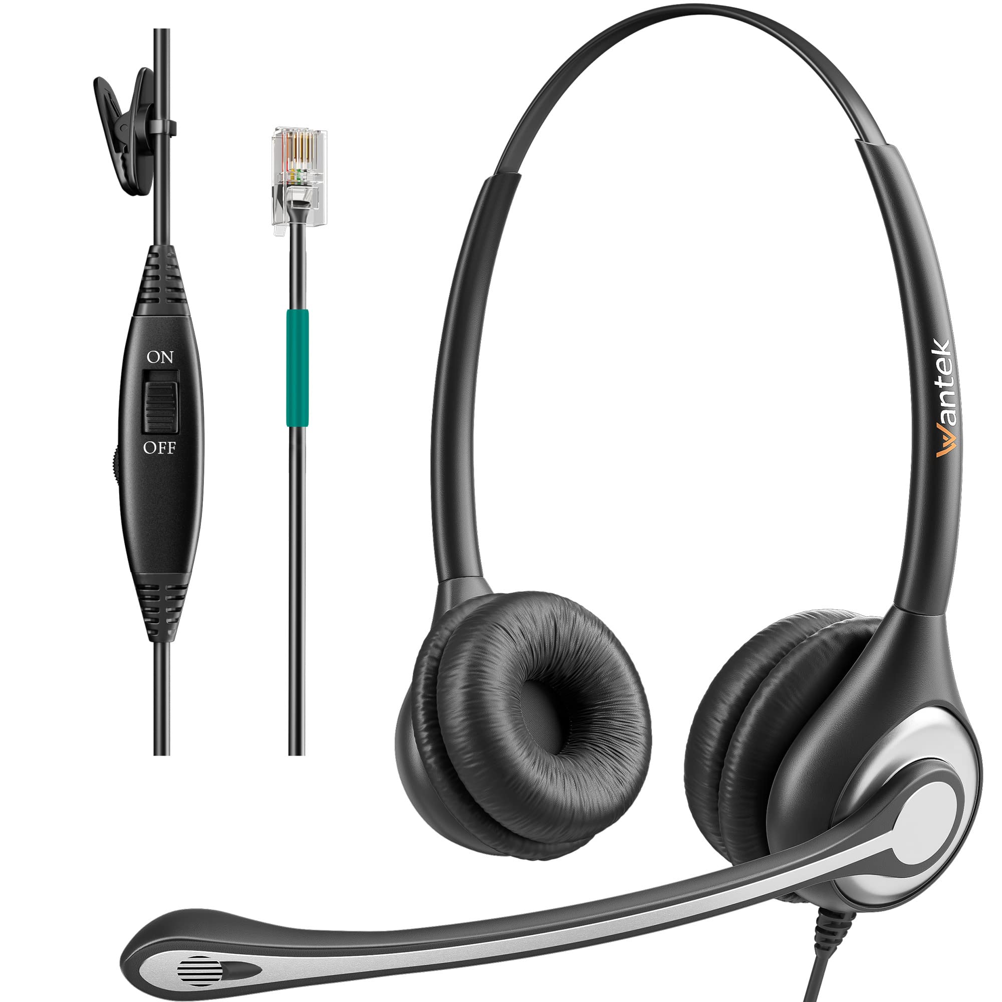 

Гарнітура Wantek RJ9 для офісного телефону з двома навушниками для стаціонарного телефону, сумісна з та для чистих дзвінків, з мікрофоном, що відповідає вимогам, для шумозаглушення,