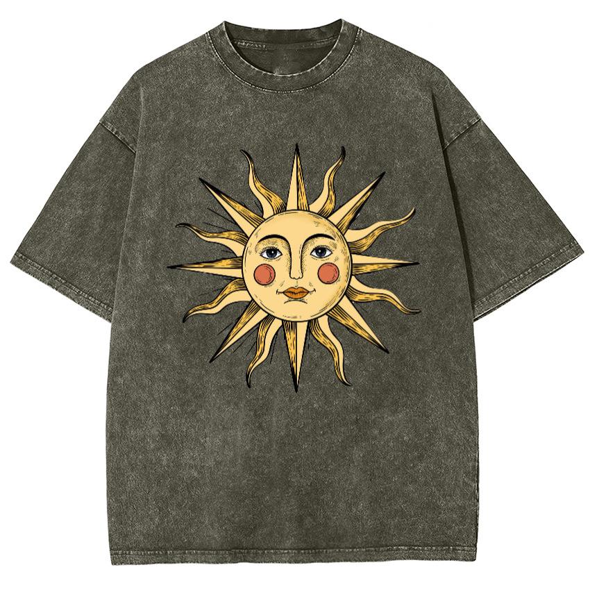 Sun Face Print Women S T-Shirt Washed Cotton Breathable High S серый