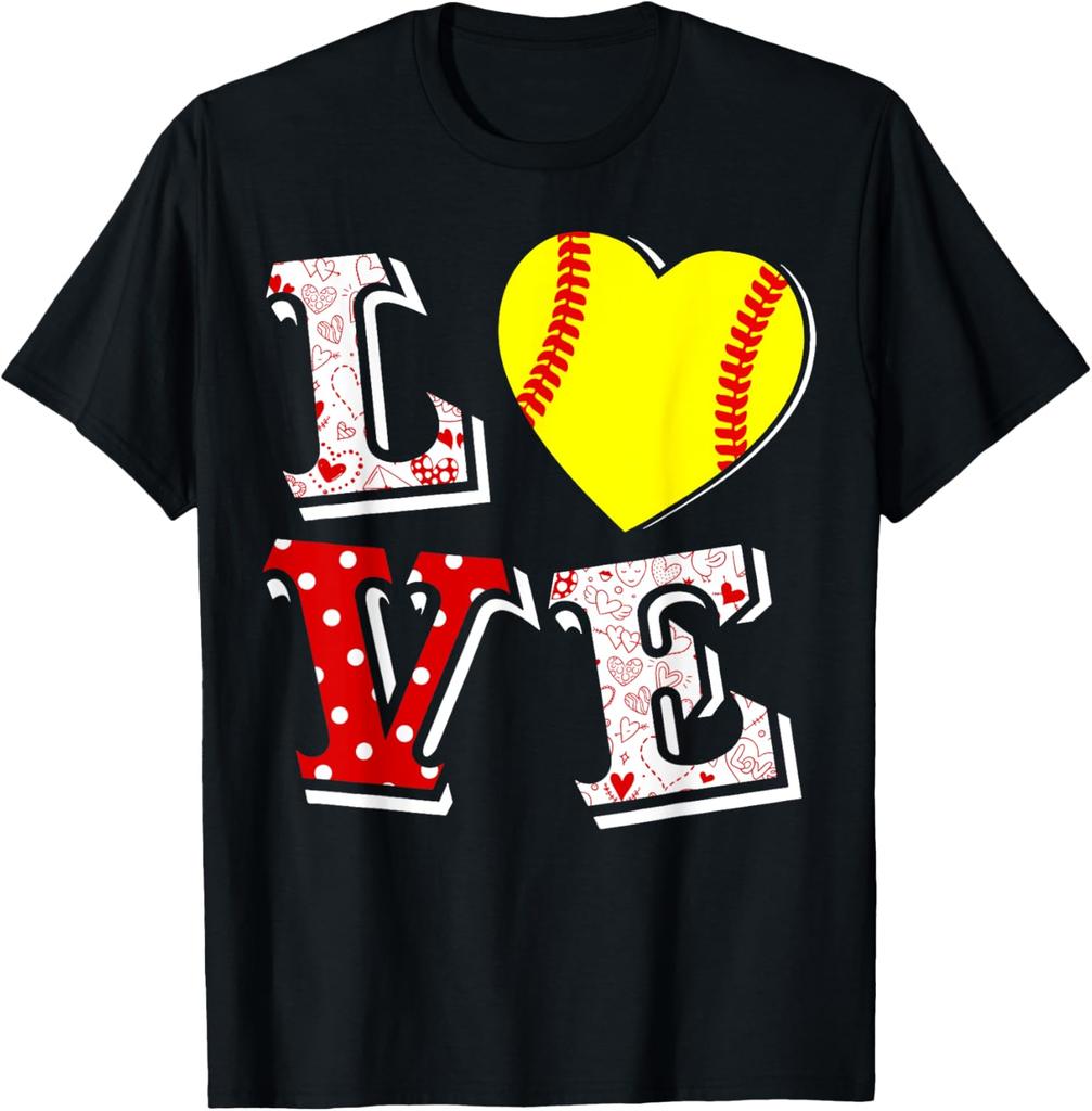 Softball Love Heart Valentine Day Graphic Tee Breathable Cotton T-Shirt for Women Men