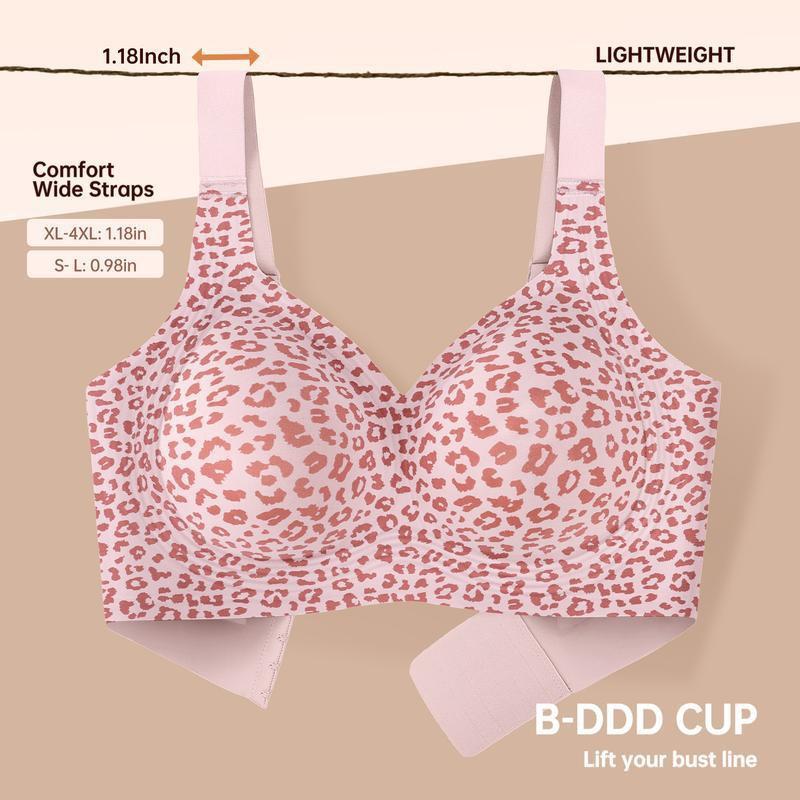 Plus Size Polka Dot Leopard Seamless Wirefree Bra Wide Strap Bust With Padded Cups