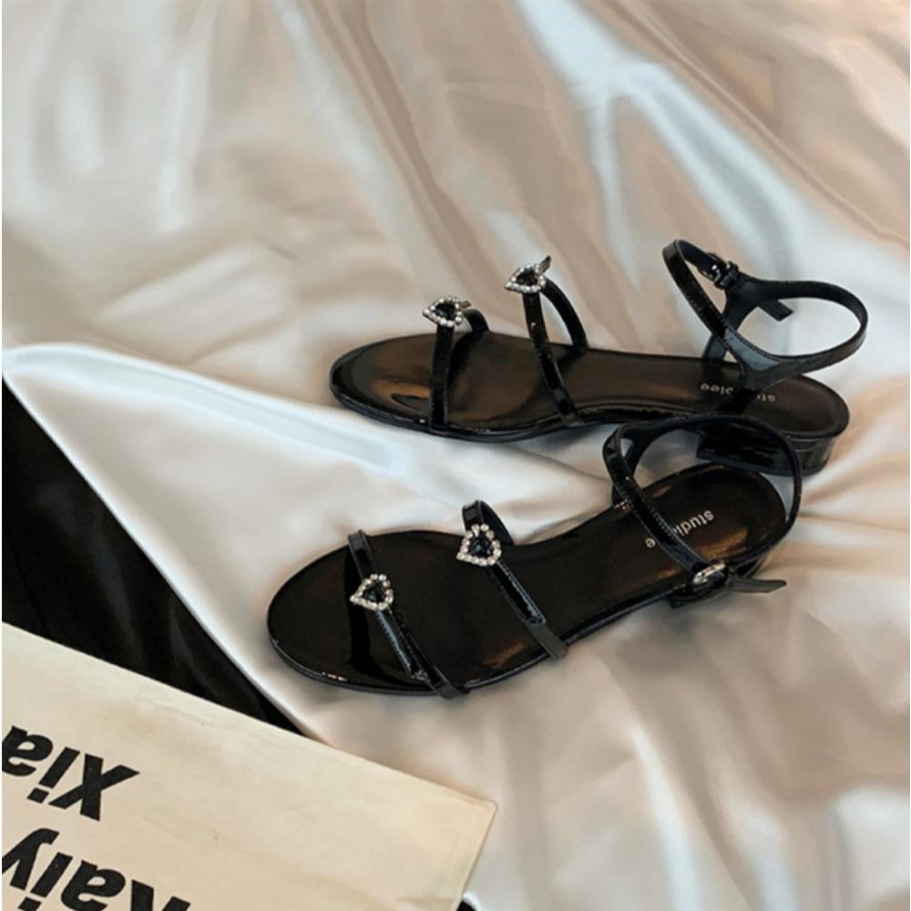 Fashion Sandals for Women Summer Round Headed Double with Heart-shaped Diamond Buckle Adjustable Sandal Slippers 2025 New Flat Sandals