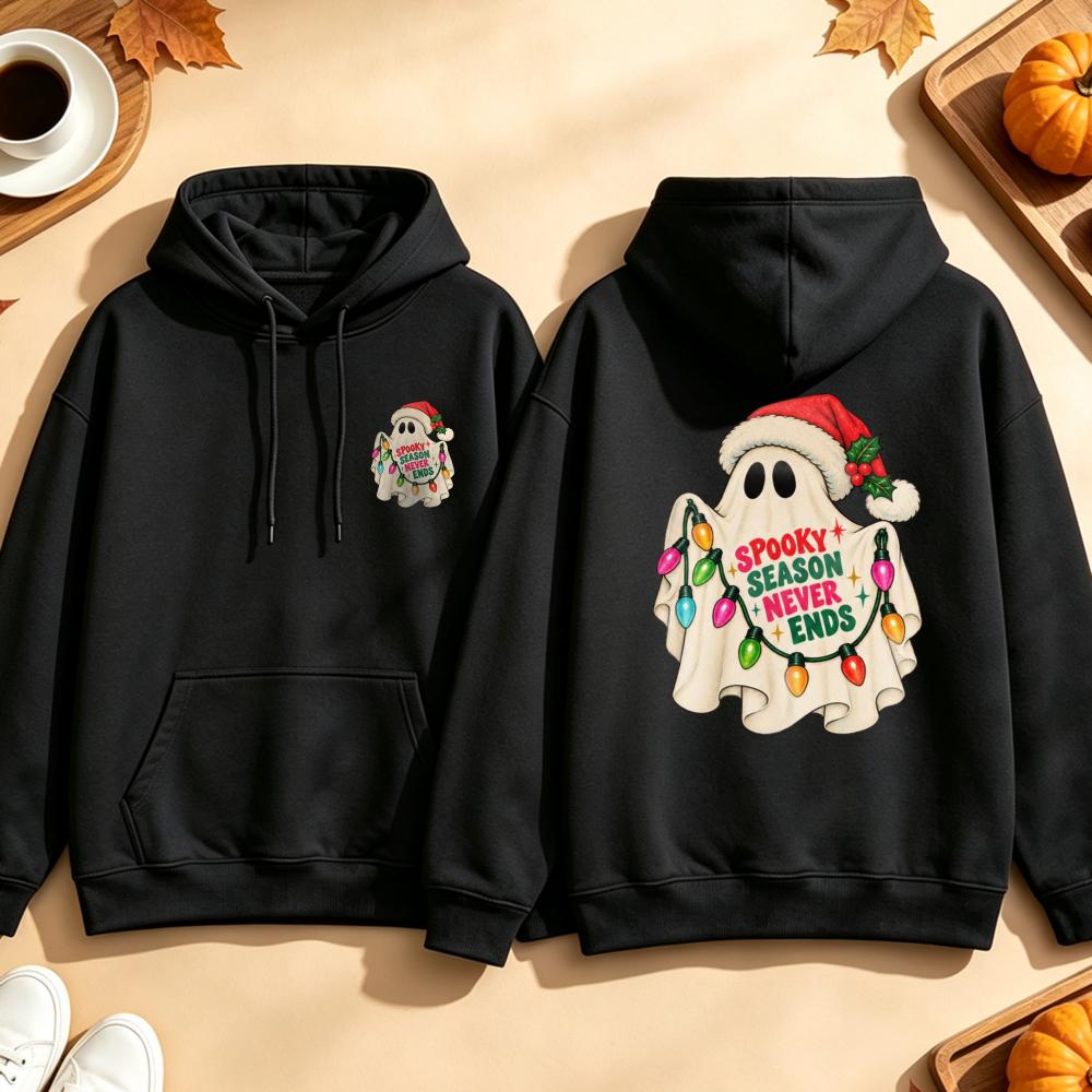 Women Hoodie Spooky Season Never Ends Ghost Christmas Lights Santa Hat Funny Graphic Pullover Sweatshirt Casual Halloween Top