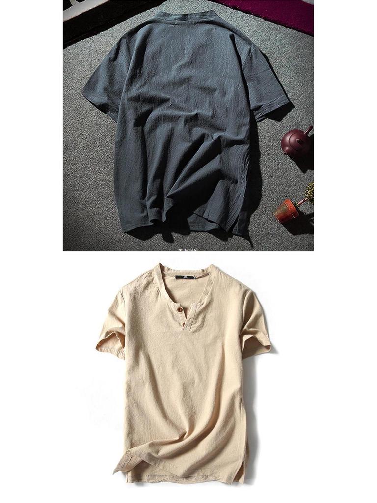 Men's Plus Size Summer Cotton-Linen V-Neck Loose Fit Short Sleeve T-Shirt