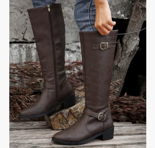 

Модные женские ботфорты Модные низкие каблуки Квадратная платформа Длинные сапоги Коричневые Черные Кожа Застежка-молния Зимние женские Теплые туфли Ботильоны 69м 42