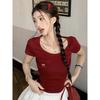 Summer Red Shoulder Short Sleeve T-Shirt Women's Bow Embroidery Crew Neck Slim Skinny Spice Top