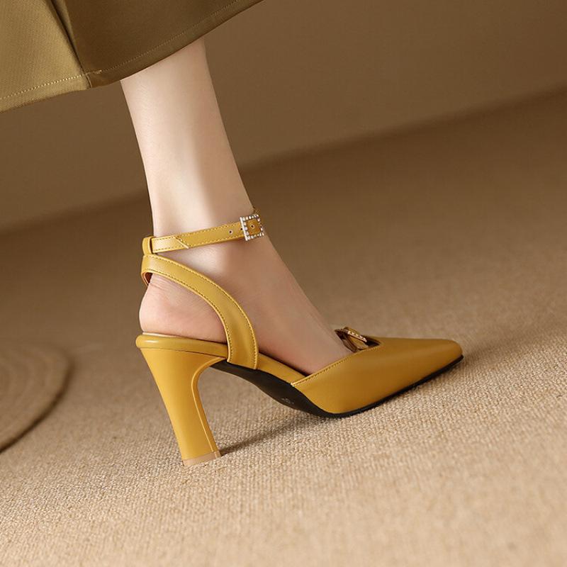 New rubber soft-soled buckle high-heeled sandals summer women's bag head sandals pointed casual solid color rear empty sandals