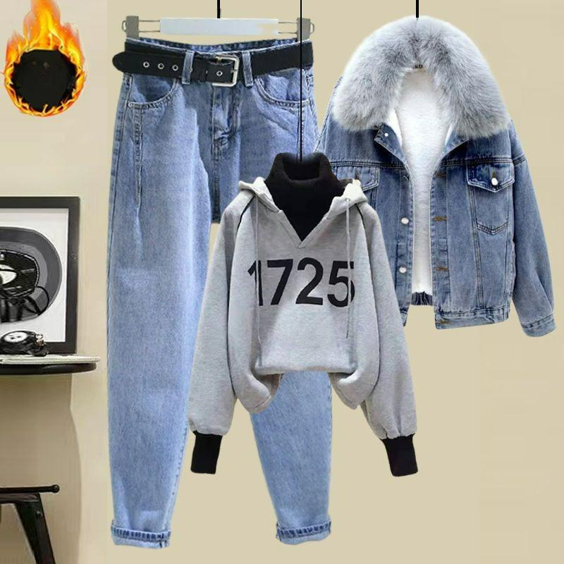 Winter Fur Collar Lamb Wool Denim Jacket Plus Velvet Thick Down Cotton Jacket Jeans Fashion Suit Three-piece Women