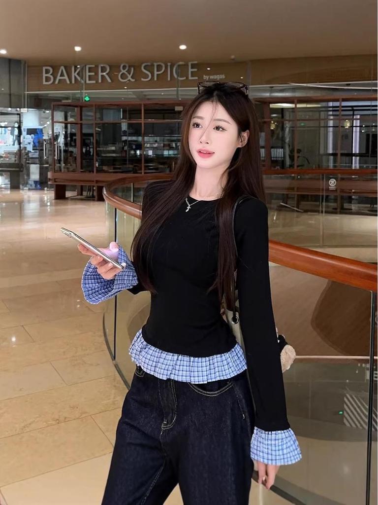 Korean Style Retro Two-Piece Plaid Patchwork Women's T-shirt for Autumn/Winter