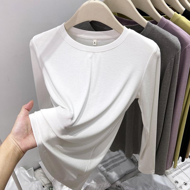 Spring Autumn Round Neck Solid Color Bottomed Tee Women Simple All-match Long Sleeve Pullover T-shirt Top