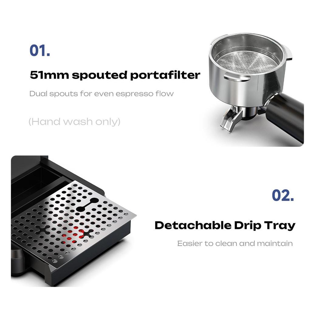 HiBREW Ekspres do kawy H20 Espresso 1350W 20Bar z wbudowanym młynkiem, spieniaczem do mleka, 20-stopniową regulacją mielenia, zbiornikiem na wodę 1,8L