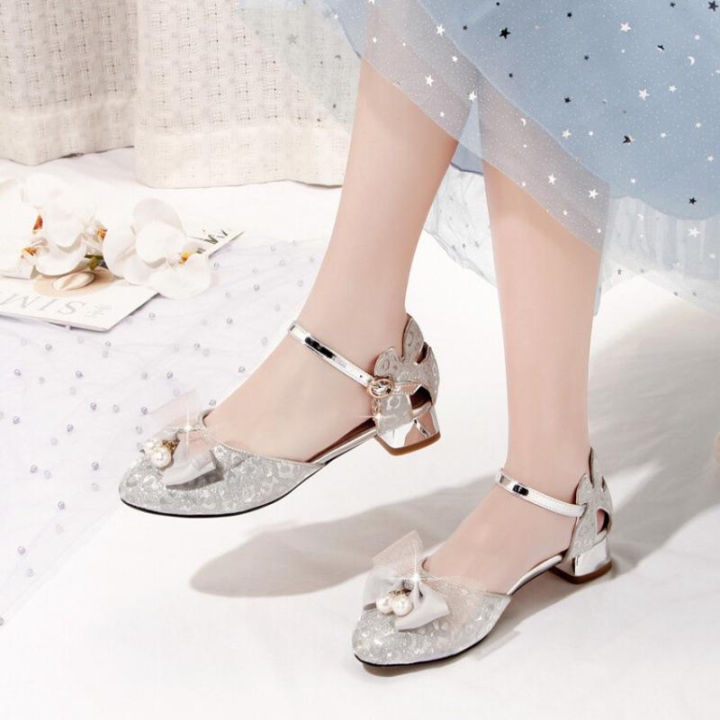 New girls sandals medium and older children's sandals bow high heel princess shoes summer rubber sole student children's sandals