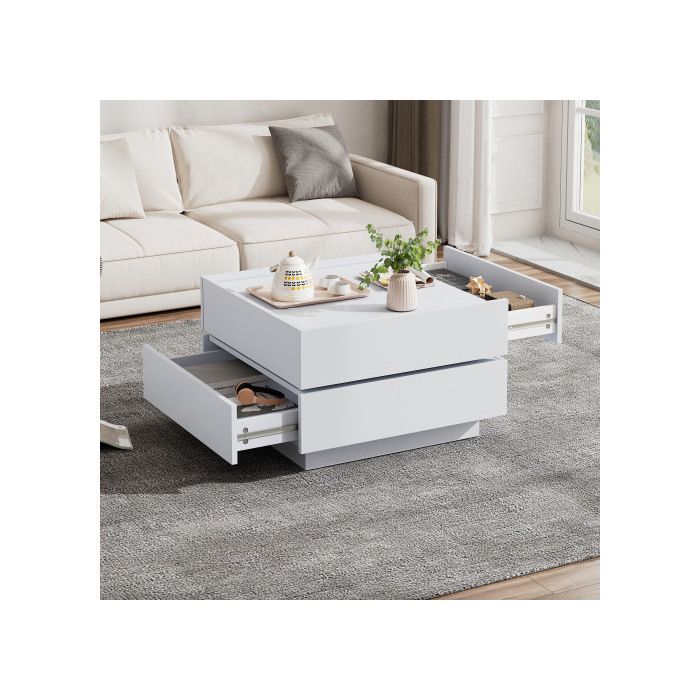 Table basse - MUVOE - Plateau pivotant 360° - 2 étagères - Blanc pur - Design élégant