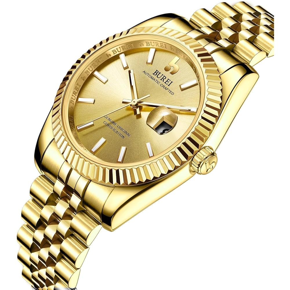 BUREI Men's Automatic Mechanical Watch Waterproof Analog Date Gold Stylish Simple Luminous Wristwatch