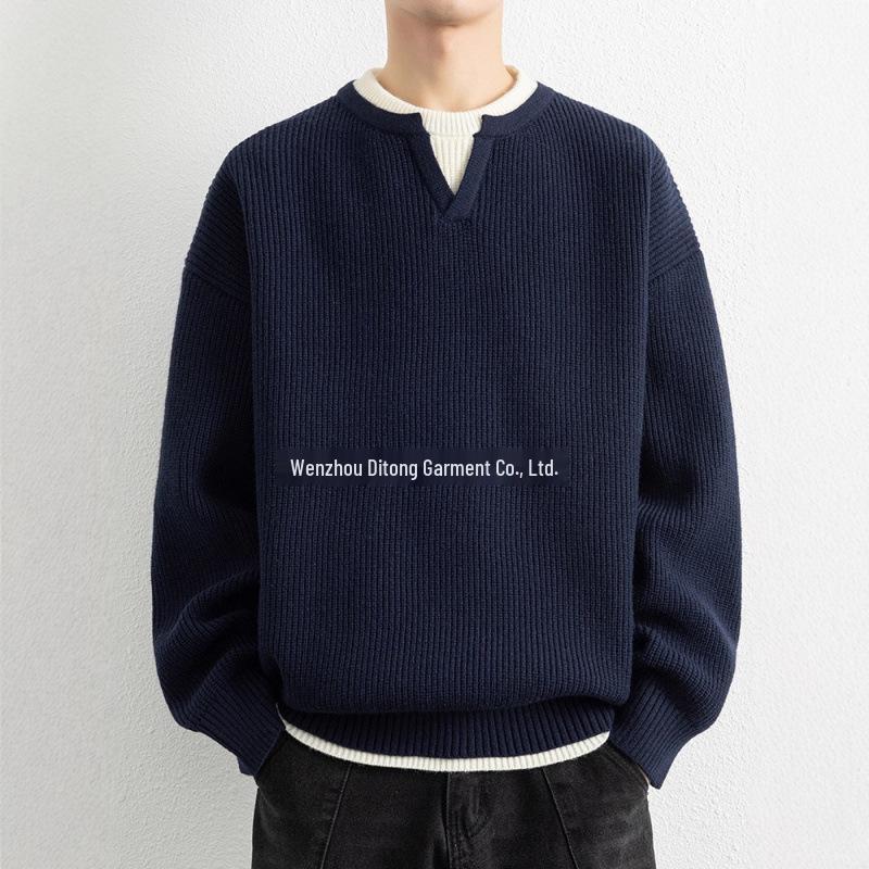 Men s Retro Japanese-Style Round Neck Fake Two-Piece Knit Sweater, Autumn/Winter 2025 Collection XXL темно-синий