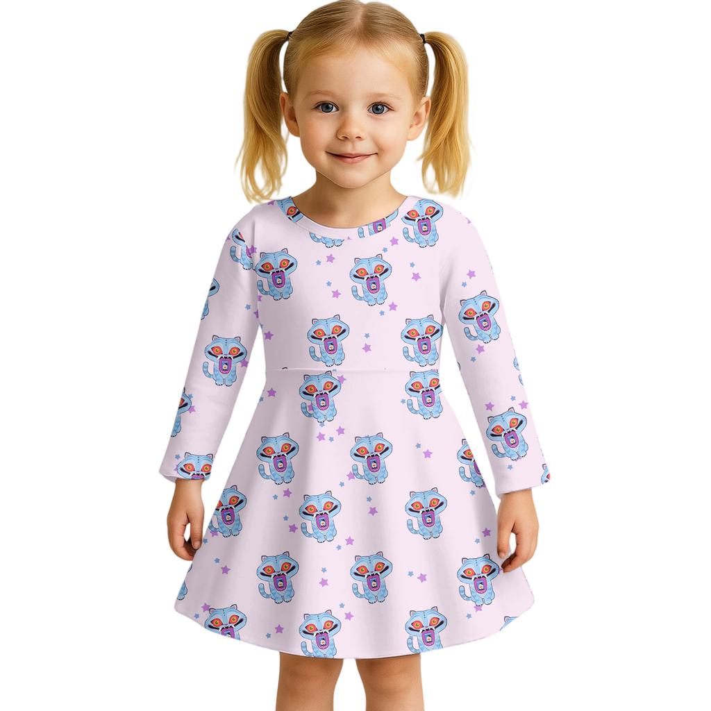 Kids Girls Casual Daily Dress Cute Cartoon Print Long Sleeves Dance Wear Princess Dress  2-12 Years