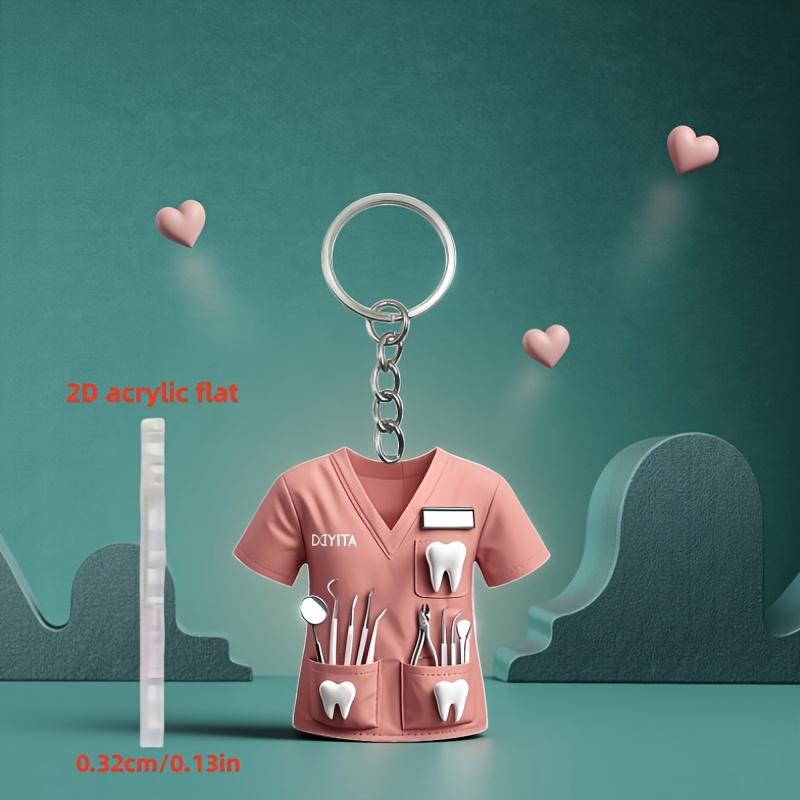 2D Acrylic Dentist Keychain Charming Pink Costume Design with Dental Tools, Waterproof Acrylic, Ideal Gift for Female Dental Professionals