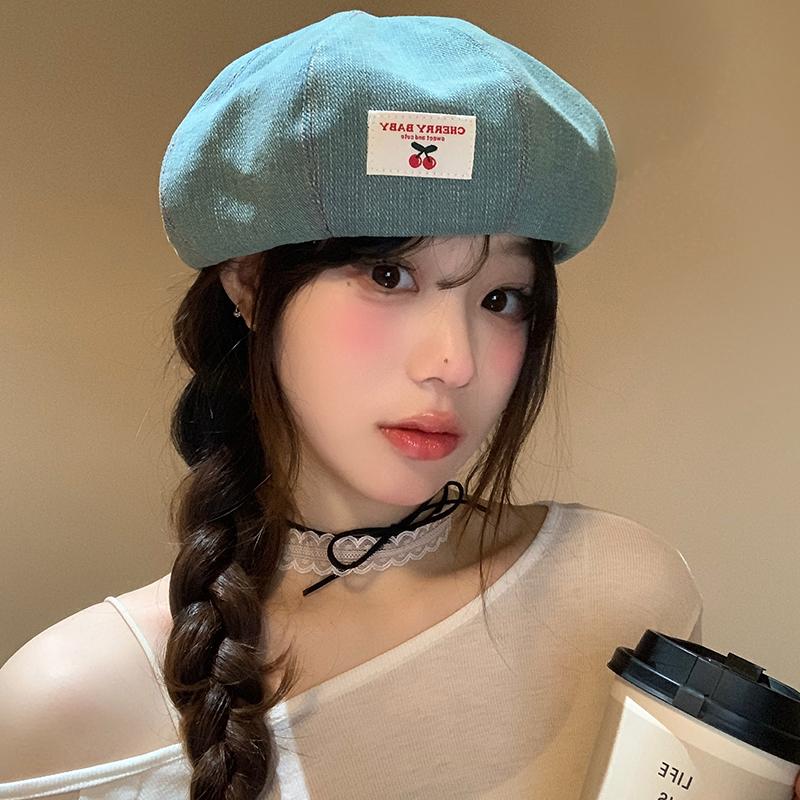 Vintage Cherry Patch Denim Beret Children Spring and Summer Versatile Octagonal Hat Show Face Little Painter Hat