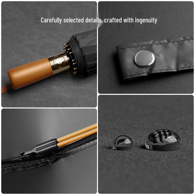 24-ribbigt automatiskt öppnande paraply med trähandtag i XL-storlek, vindtätt, svart solskyddsparaply för män och kvinnor, dubbelanvändning för soliga/regniga dagar