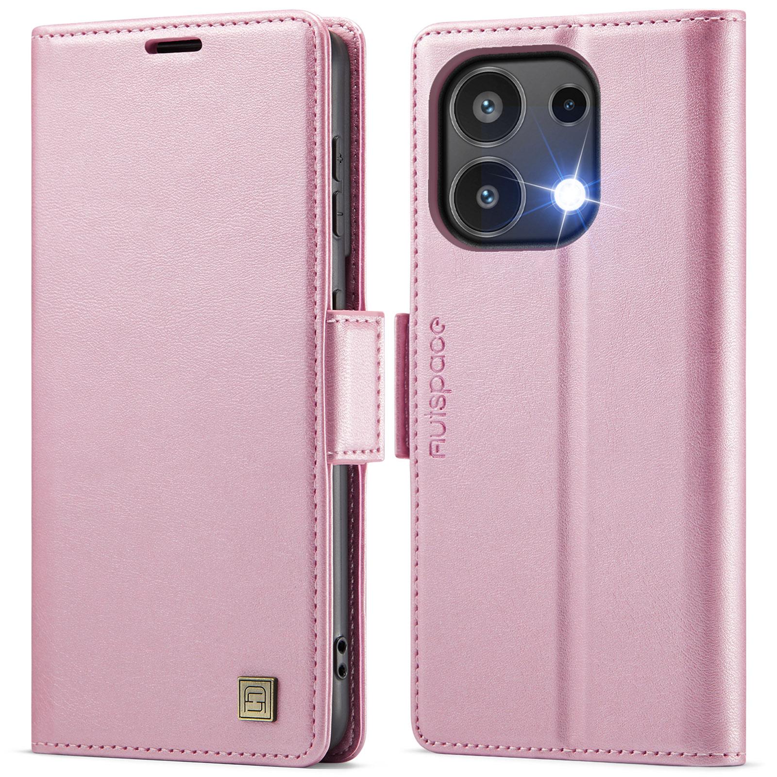 

For Xiaomi Redmi Note 13 4G Case AUTSPACE A11 RFID Blocking Retro Leather Cell Phone Wallet Cover Pink